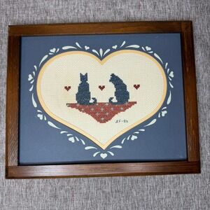 Vintage 1986 Framed Cross Stitch Cat Folk Art Heart Wood Frame CottageCore Blue